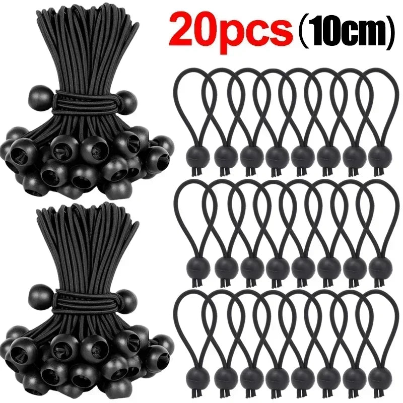20 pieces of heavy duty black elastic ball rope, 10cm long, for tent and tarpaulin tie-down.