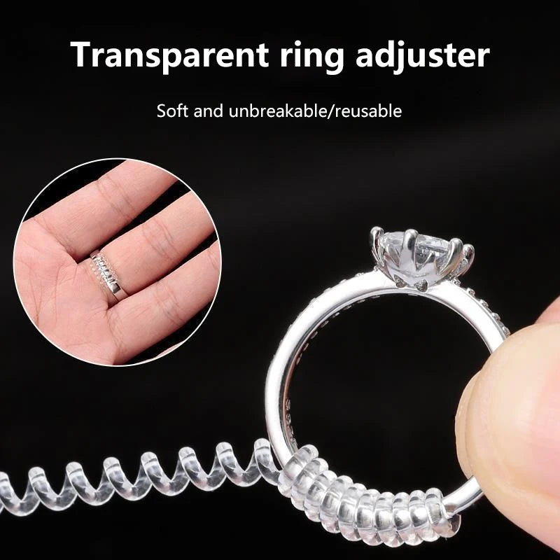 A transparent ring adjuster tool is shown next to a silver ring, demonstrating its use for resizing.