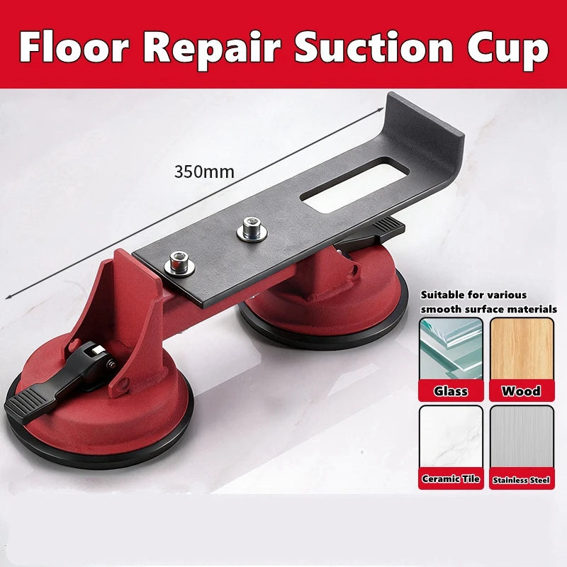 A black floor repair suction cup tool with a red base and a metal plate, shown against a white background.