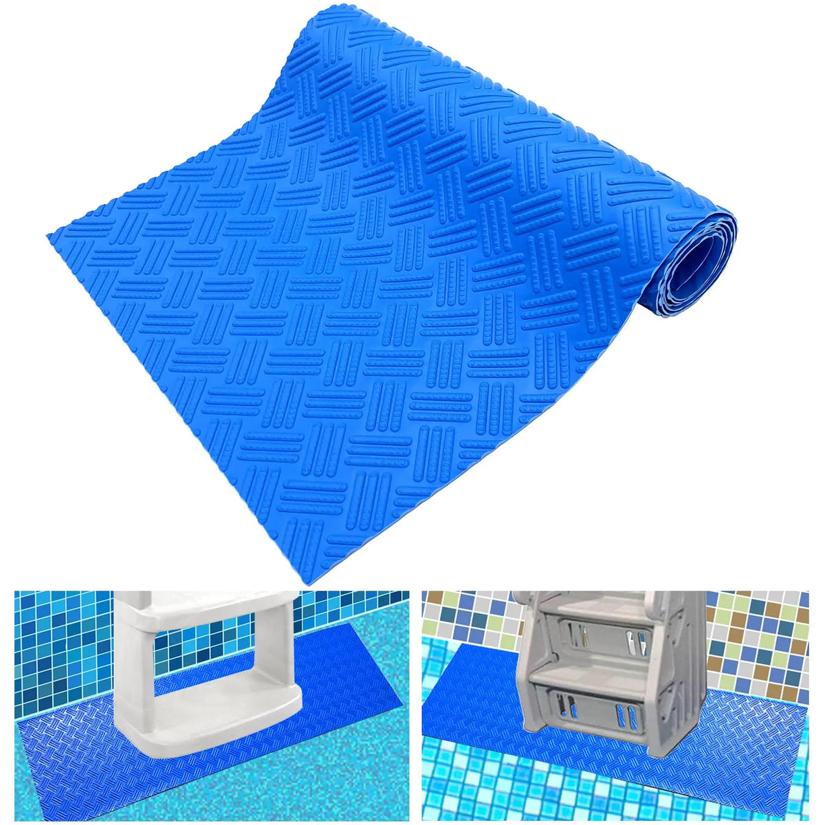A rolled blue non-slip pool ladder mat with a textured surface shown next to tiled surfaces.