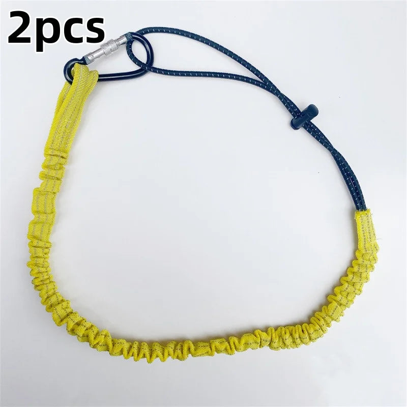 Two yellow elastic tow ropes with blue connectors are shown against a white background.
