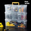 A 3-pack of transparent tool storage boxes with various hand tools and hardware inside.