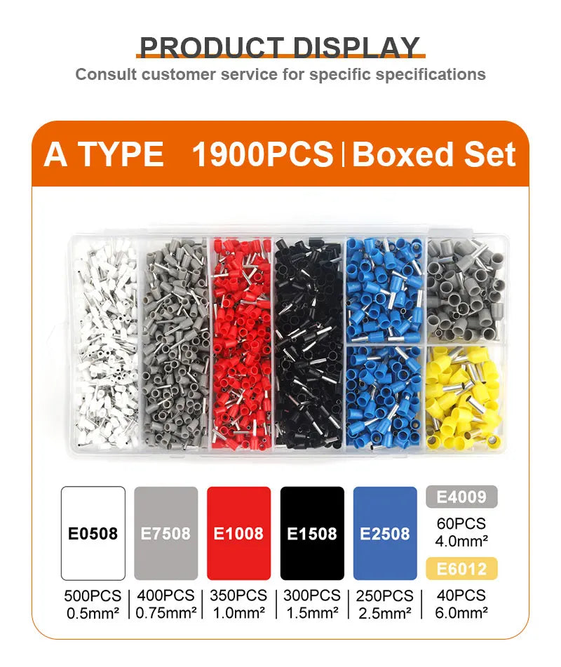 A typed 1900 piece boxed set of various colored crimp terminals in plastic packaging