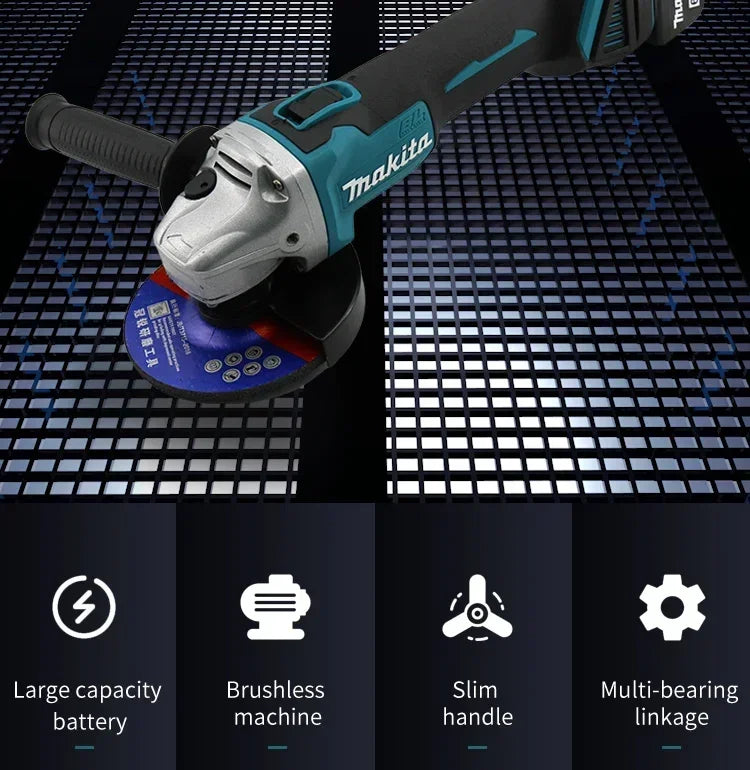 A Makita cordless brushless angle grinder with a blue and black handle and disc on a dark surface.