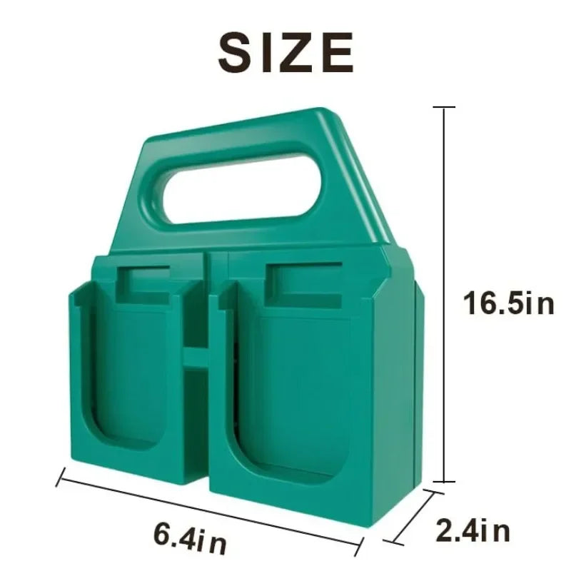 A teal heavy-duty portable battery storage rack with a handle, shown with dimensions.