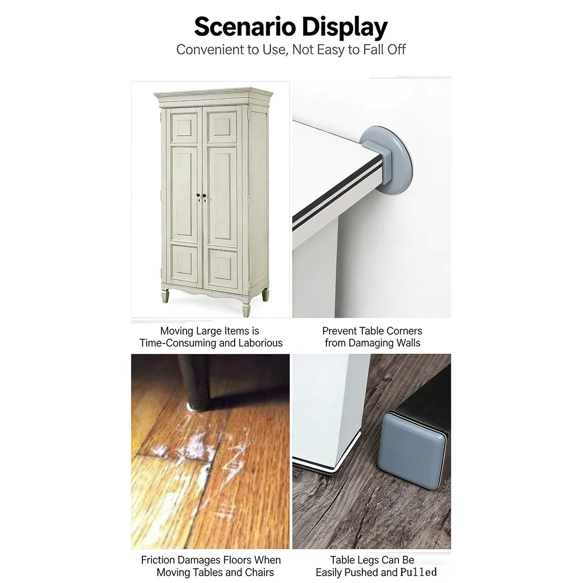 Diagram showing how self-adhesive furniture sliders prevent damage to walls and floors.