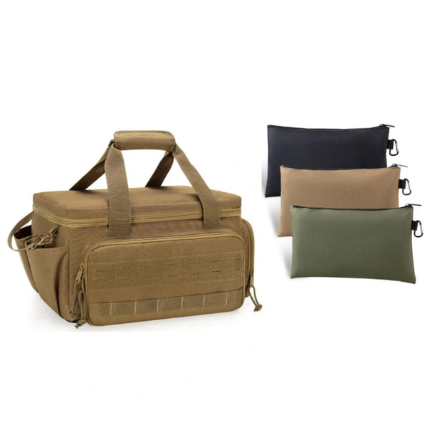 Un juego de bolsas de almacenamiento de herramientas verde oliva y gris oscuro con asas