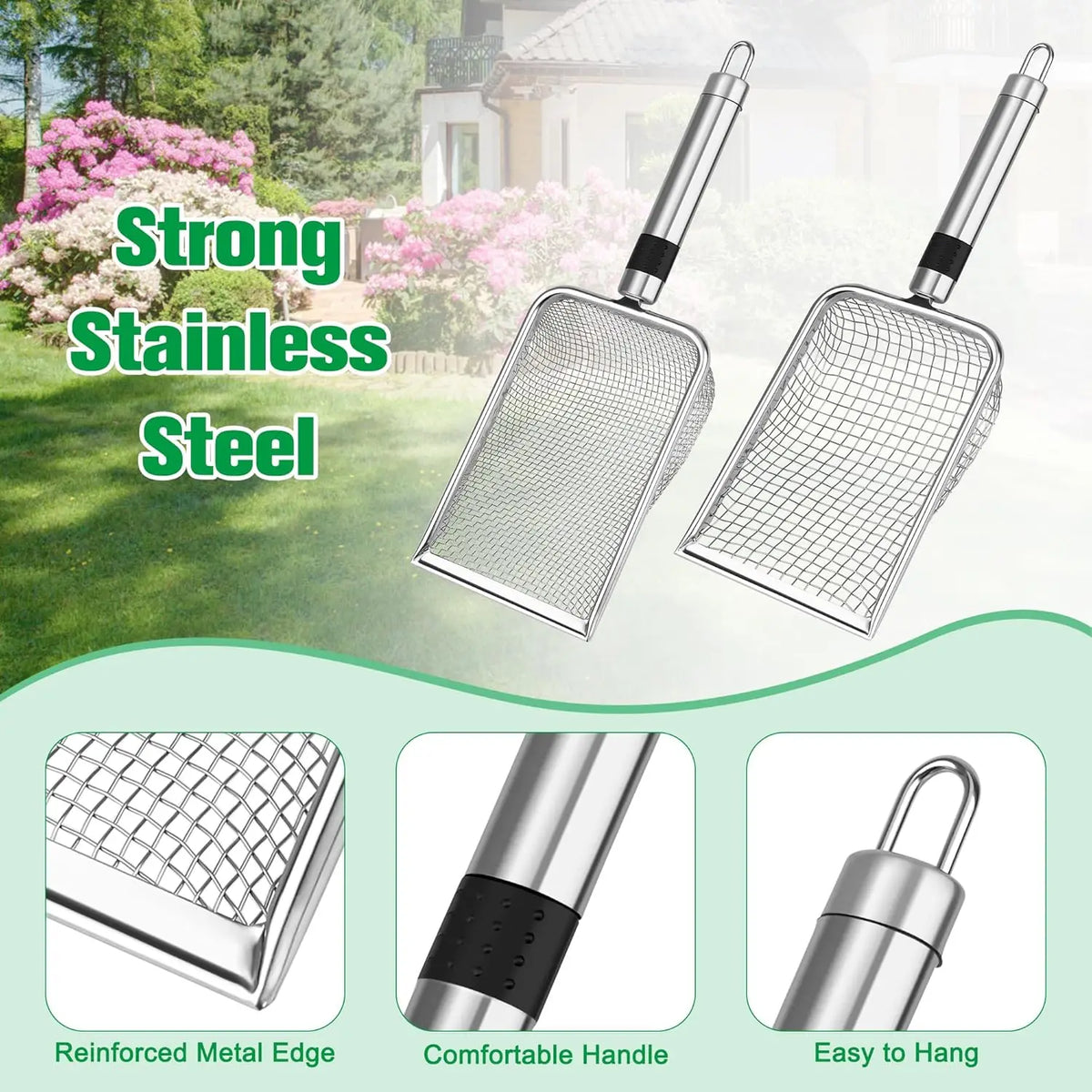 A set of heavy duty stainless steel soil sieves showing the reinforced metal edge, comfortable handle, and easy to hang desig