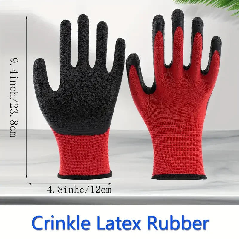 A pair of red and black crinkle latex rubber work gloves shown against a light gray background.