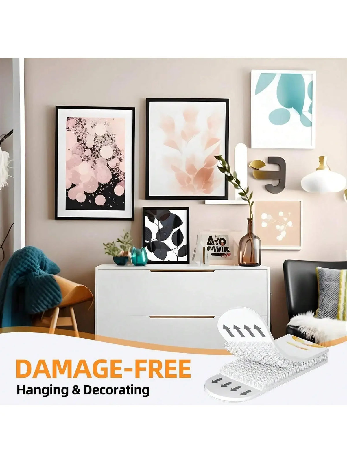 Damage-free hanging and decorating photo frame adhesive strips displayed on a white dresser with framed artwork.
