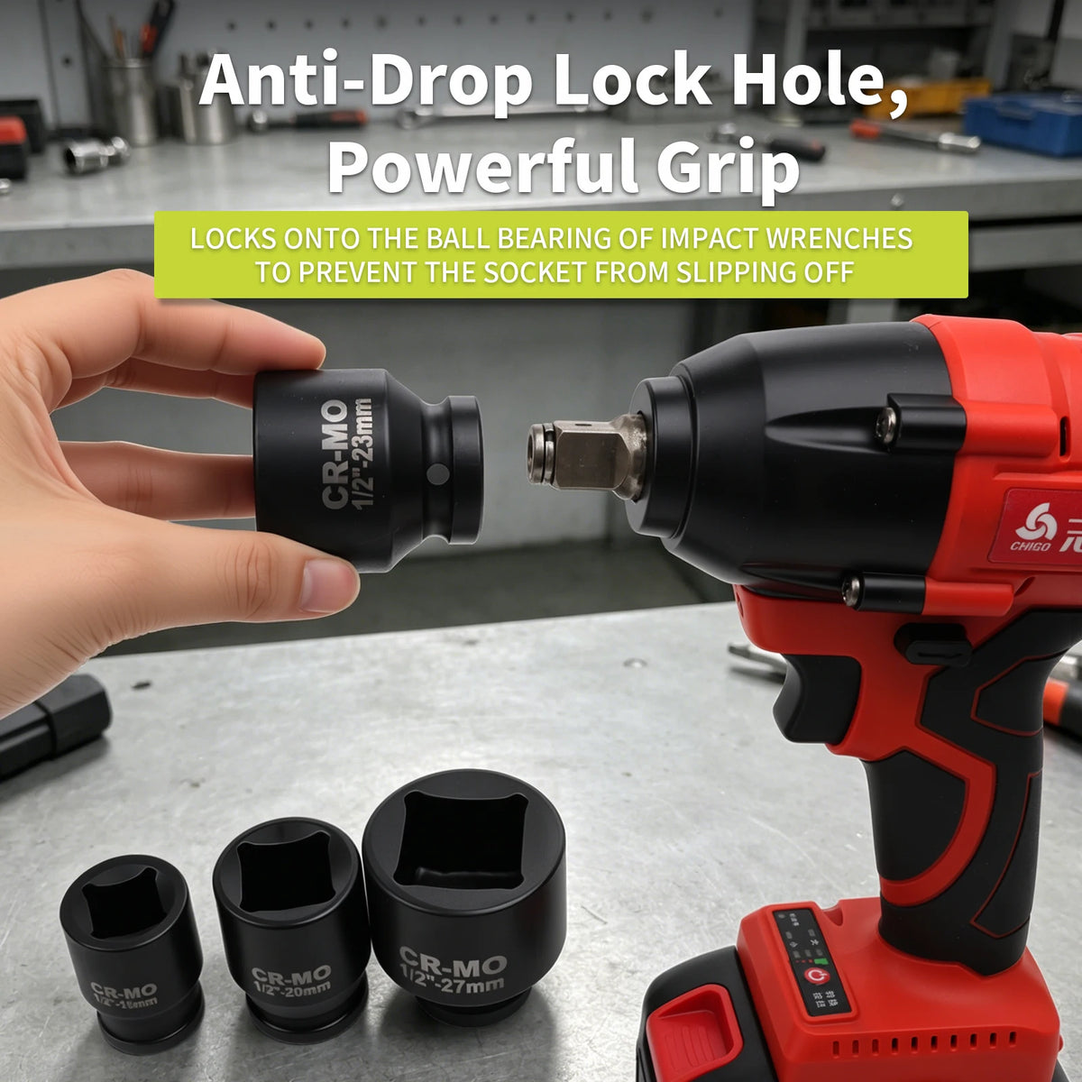An anti-drop lock hole tool is shown gripping an impact wrench socket to prevent slipping off.