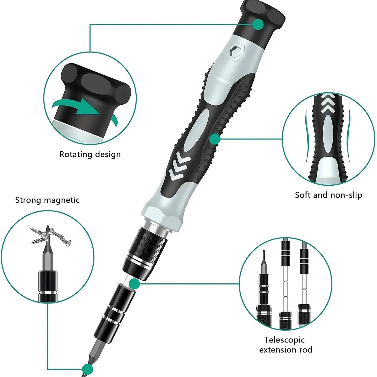 A precision screwdriver set featuring a rotating design, strong magnetic tips, and a telescopic extension rod.