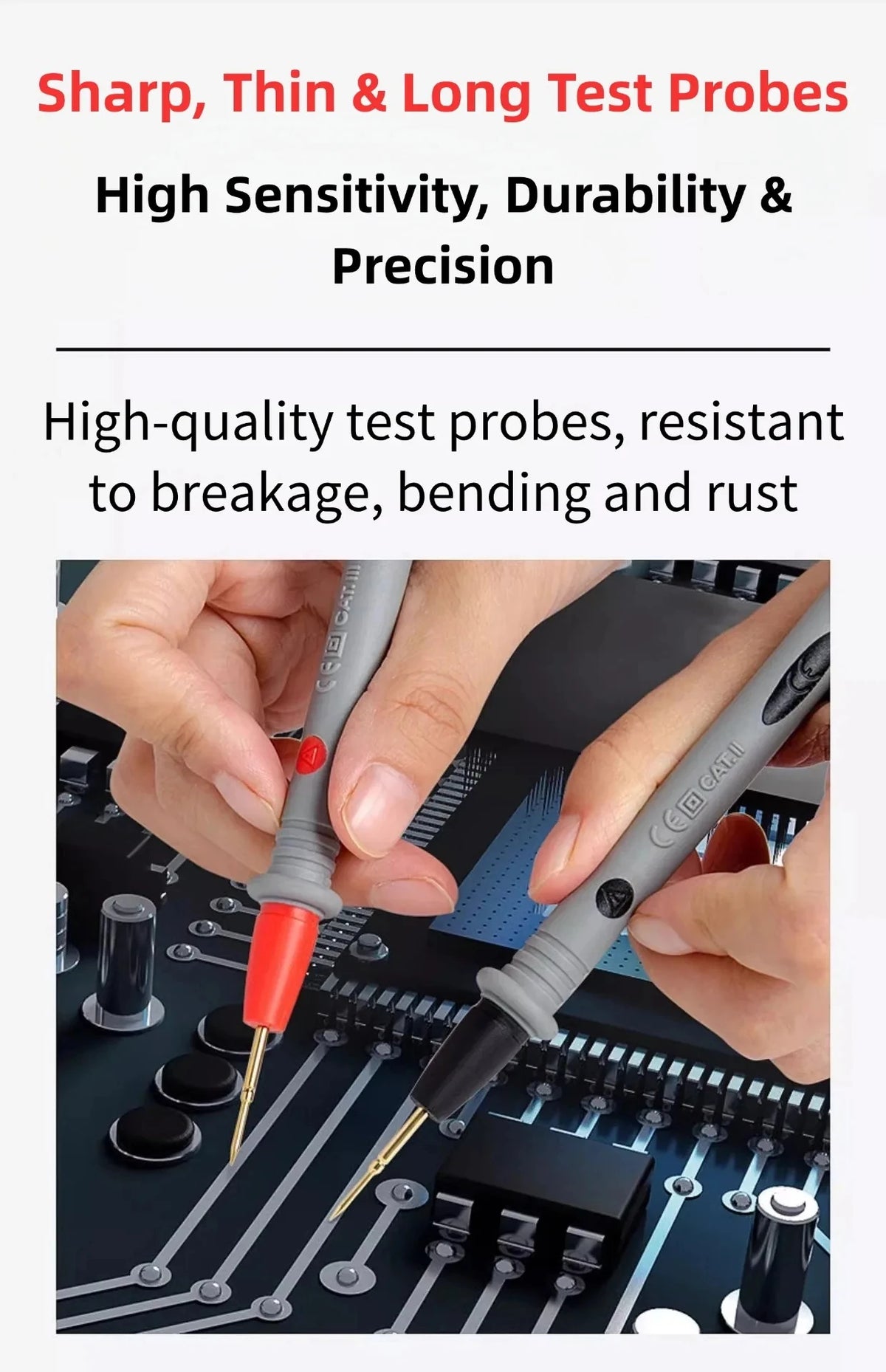 A close-up of a hand using sharp, thin test probes on a circuit board for electrical testing.