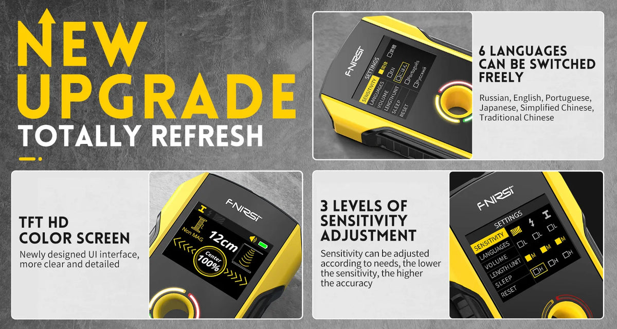 A yellow FNRST wall detector scanner device with a digital display and various settings options.