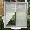 A white mosquito window screen with a glass panel is shown open in an outdoor garden setting.