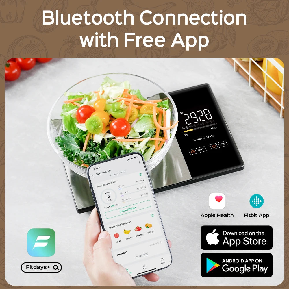A hand holds a smartphone displaying a food scale app next to a bowl of salad, demonstrating Bluetooth connection for nutriti