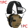One pair of tan professional noise reduction ear muffs with a black strap and American flag patch.