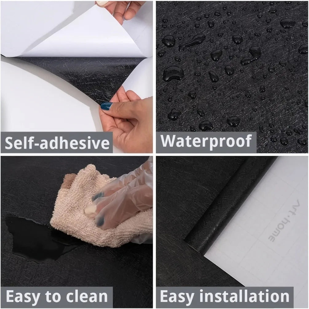 Demostración de papel de contacto autoadhesivo impermeable mostrando fácil instalación y limpieza.