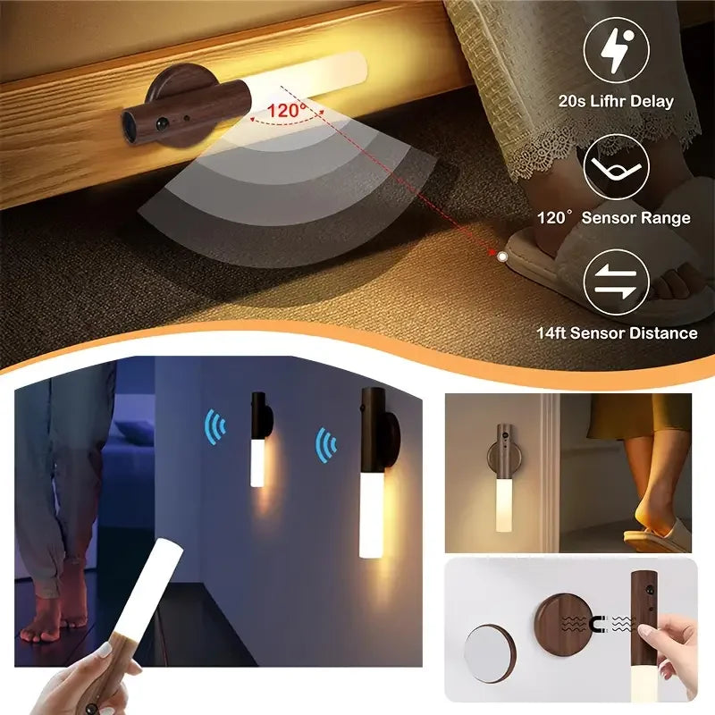 Luz nocturna LED con sensor de movimiento que ilumina el suelo, demostrando su rango de 120 grados y 14 pies.