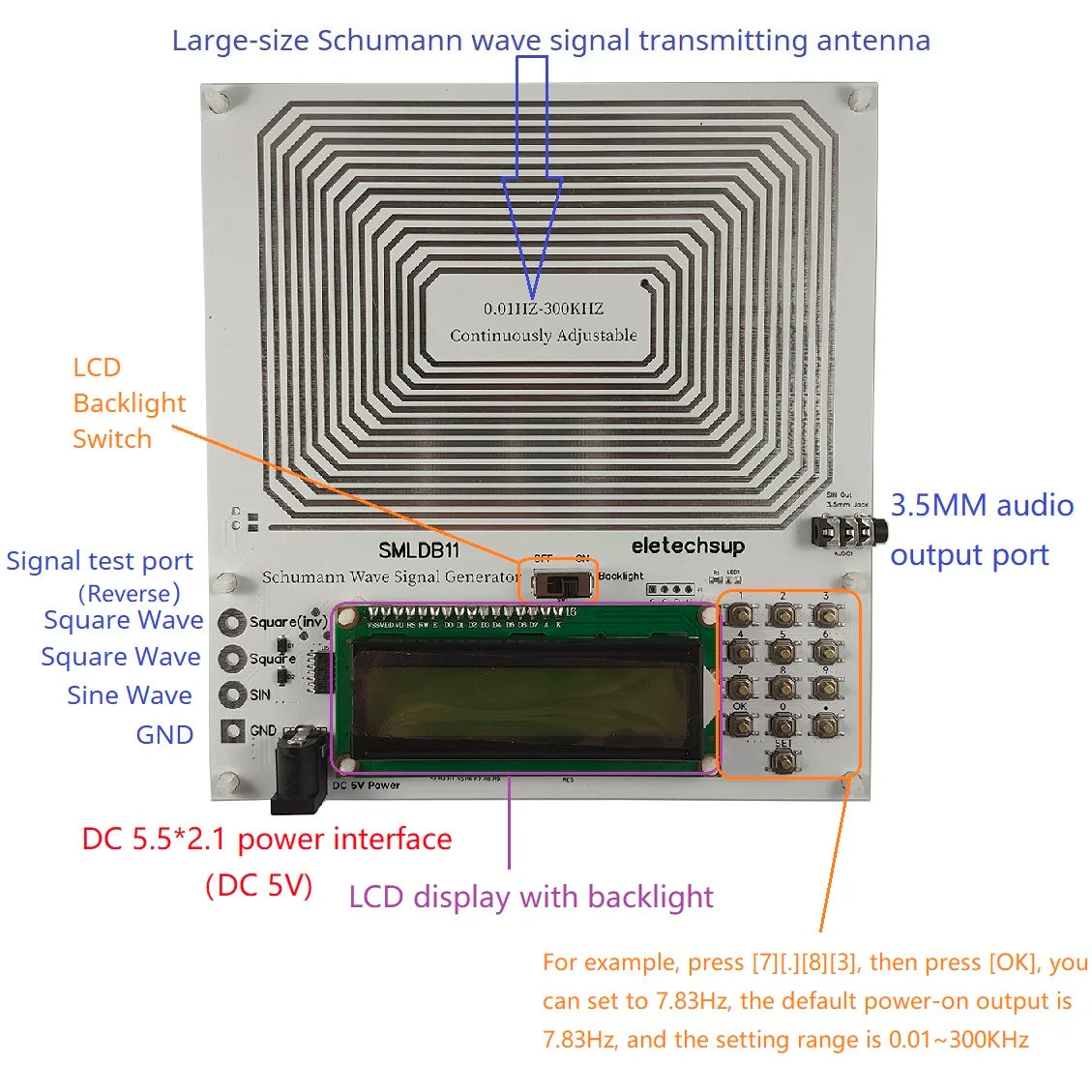 A large-size Schumann wave signal transmitting antenna with an LCD display and various output ports.
