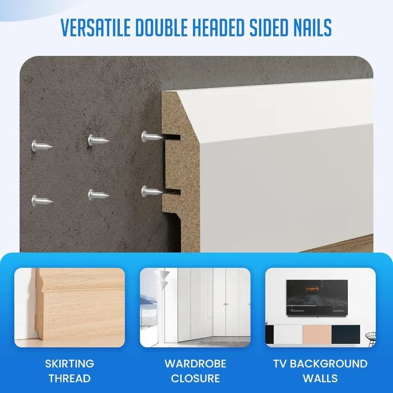 Versatile double headed sided nails shown being used to secure a panel on a wall, with examples for skirting thread, wardrobe