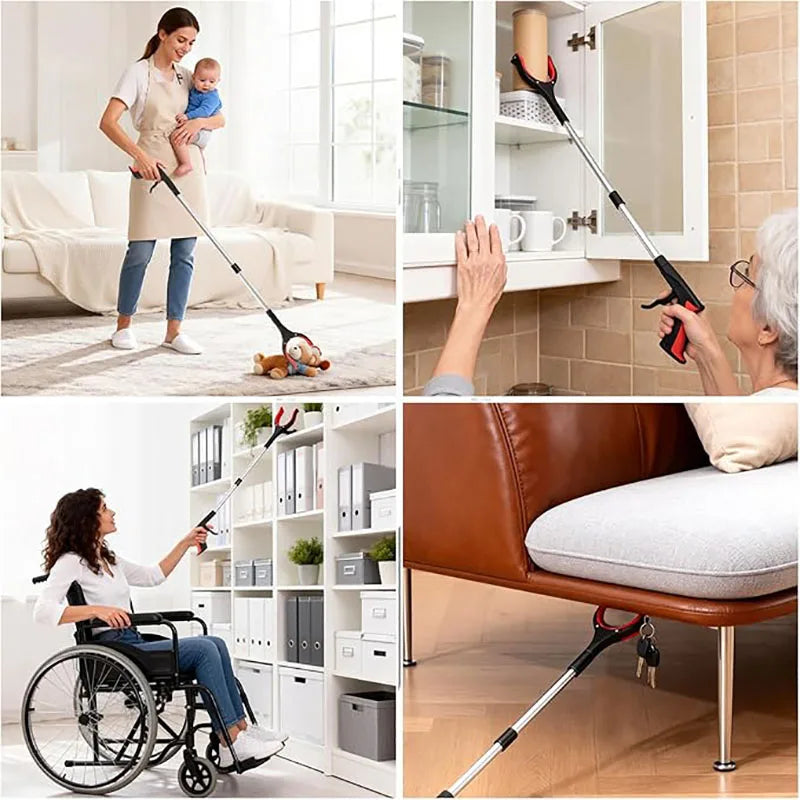 A woman uses a foldable litter picker and trash reacher tool to assist a child, while another image shows the tool used by an