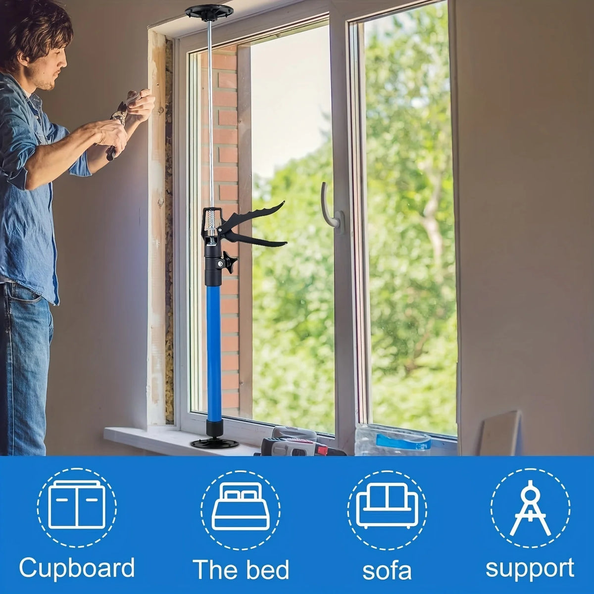 A person is using adjustable metal support rods to install a cupboard, bed, or sofa in a room.