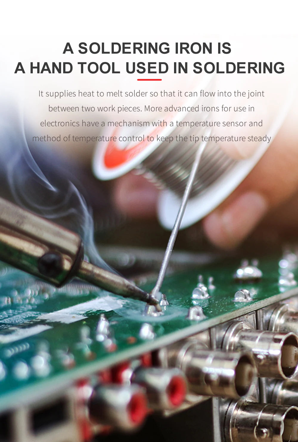 A soldering iron tip is applying solder to a circuit board component.