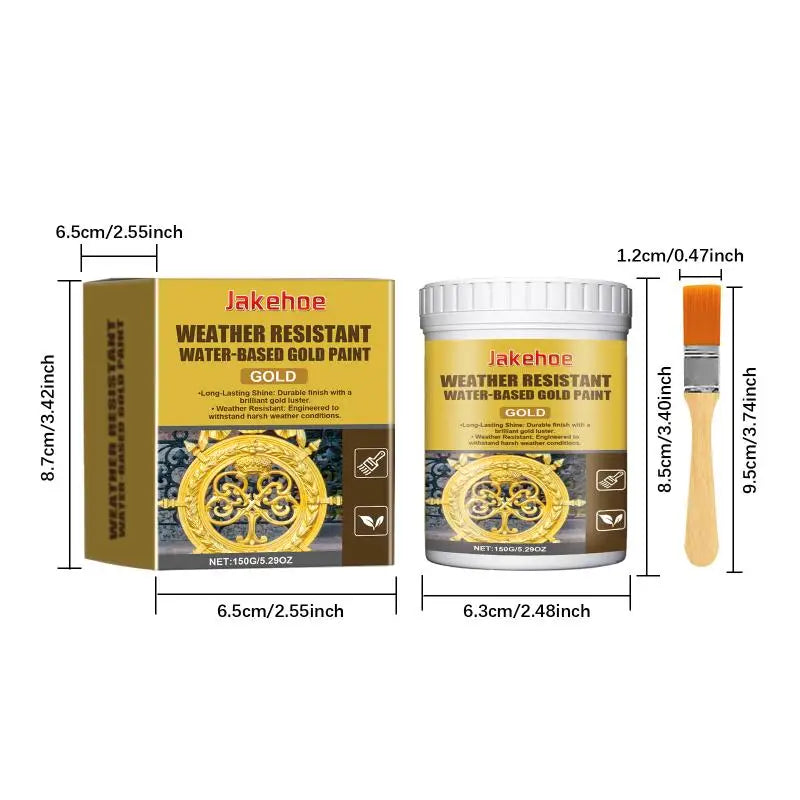 Jar of weather resistant gold paint and a tube of paint with a gold applicator.