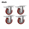 Four heavy duty 360 degree swivel furniture caster wheels in silver and red.