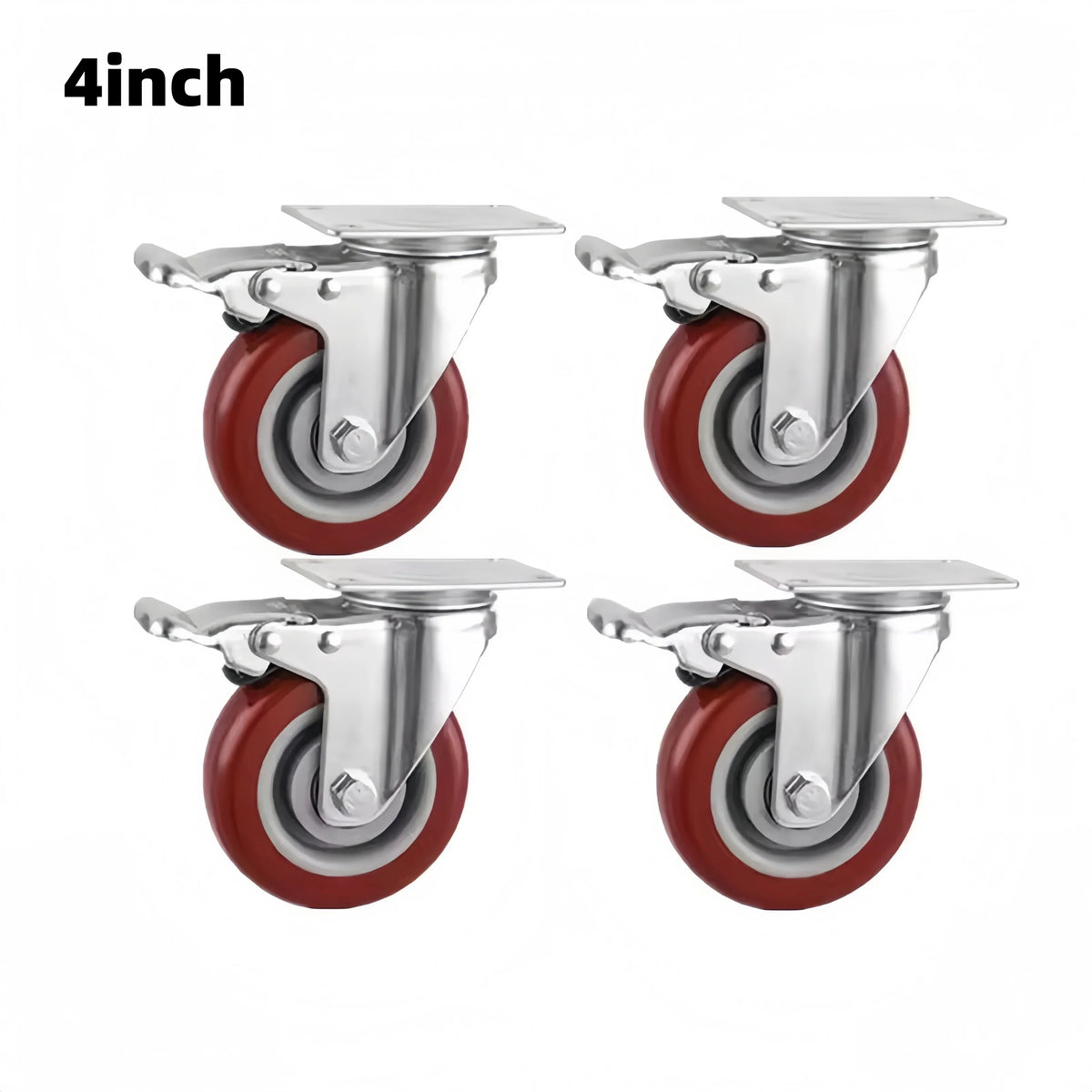 Four heavy duty 360 degree swivel furniture caster wheels in silver and red.