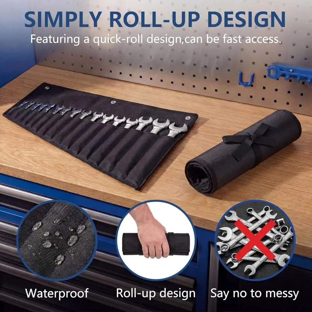 Schwarzes Roll-up-Design mit mehreren Schraubenschlüsselfächern und einer gerollten Aufbewahrungstasche für Werkzeuge.