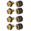 A set of five black and brass 3/4 inch aluminum garden hose quick connectors.