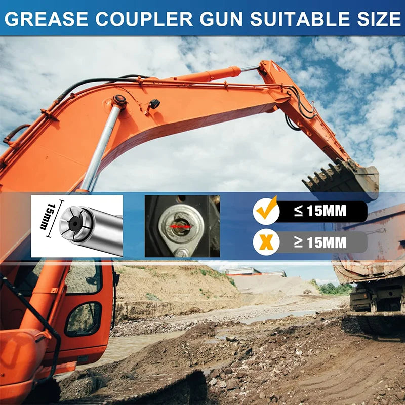 Orange hydraulic arm of a grease coupling gun is shown against a cloudy sky, demonstrating its size with a 15mm measurement.