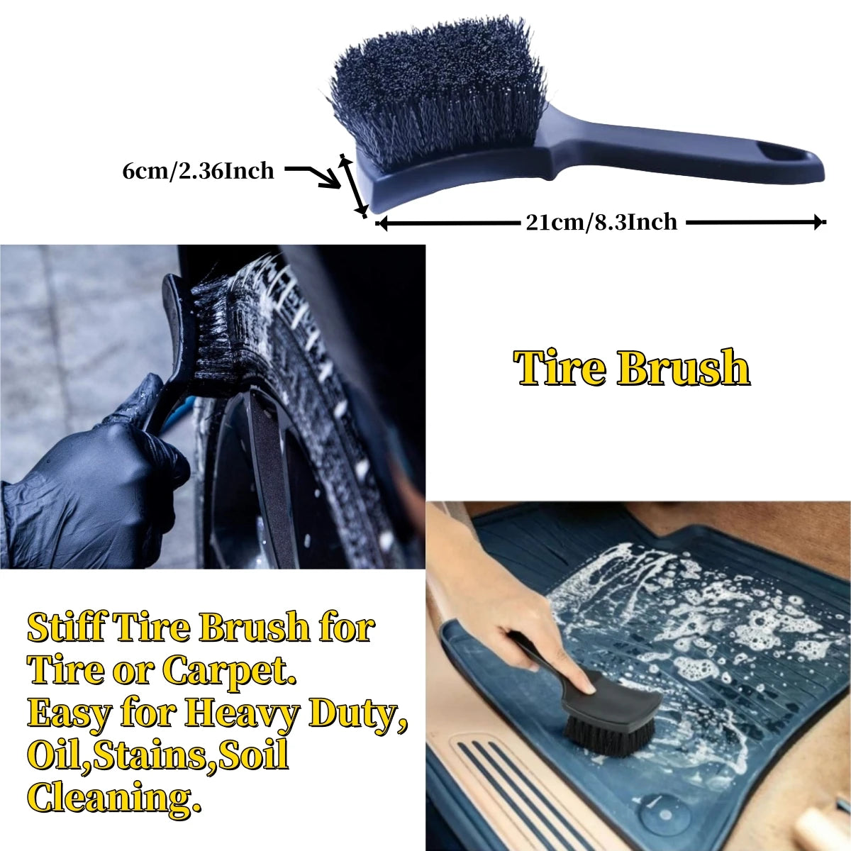 A black stiff tire brush with a handle is shown next to a close-up of its bristles and usage on a tire.