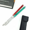 A folding tactical pen knife with red and teal blades is shown next to a book.