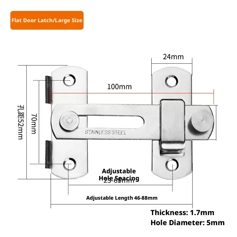 Stainless steel flat door latch with adjustable hole spacing and length