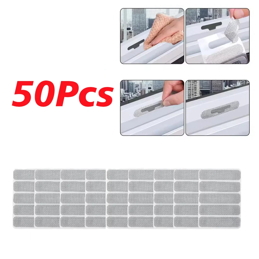 A set of 50 window screen repair patches for fixing cracks and tears in glass.