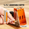 A hand adjusts the depth of an orange precision pocket hole jig for woodworking using a marking slider.
