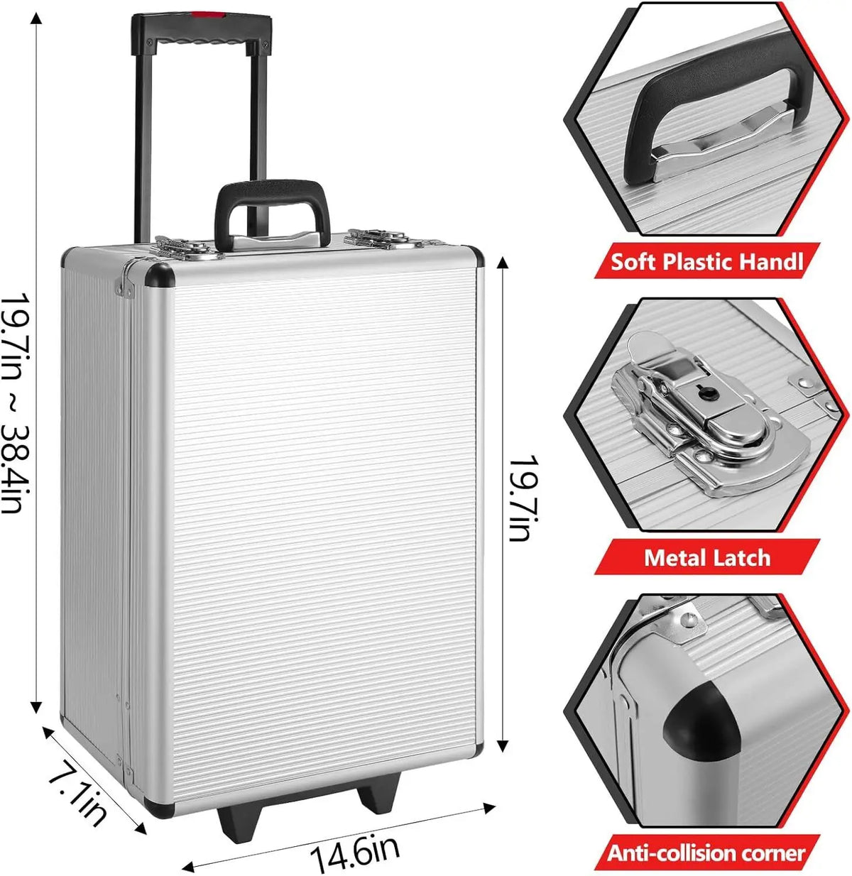 Silver professional mechanic tool kit trolley case showing various features like a soft plastic handle, metal latch, and anti
