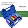 A blue tire protection socket set with various sized sockets for wheel hubs.
