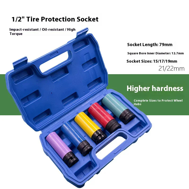 A blue tire protection socket set with various sized sockets for wheel hubs.