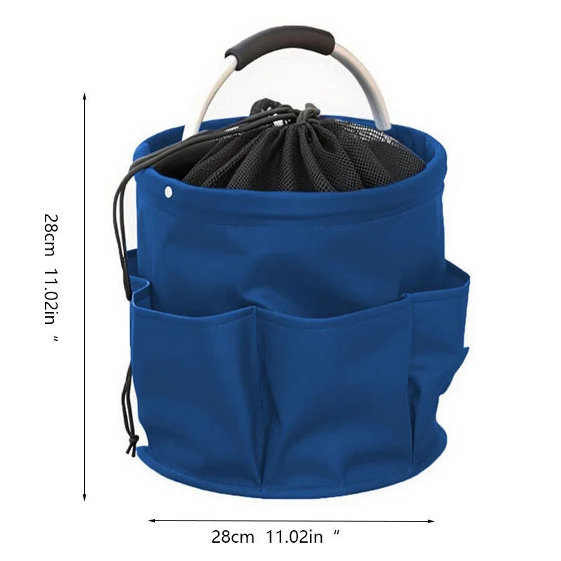 A deep blue folding storage organizer basket with a black mesh lid and multiple compartments.