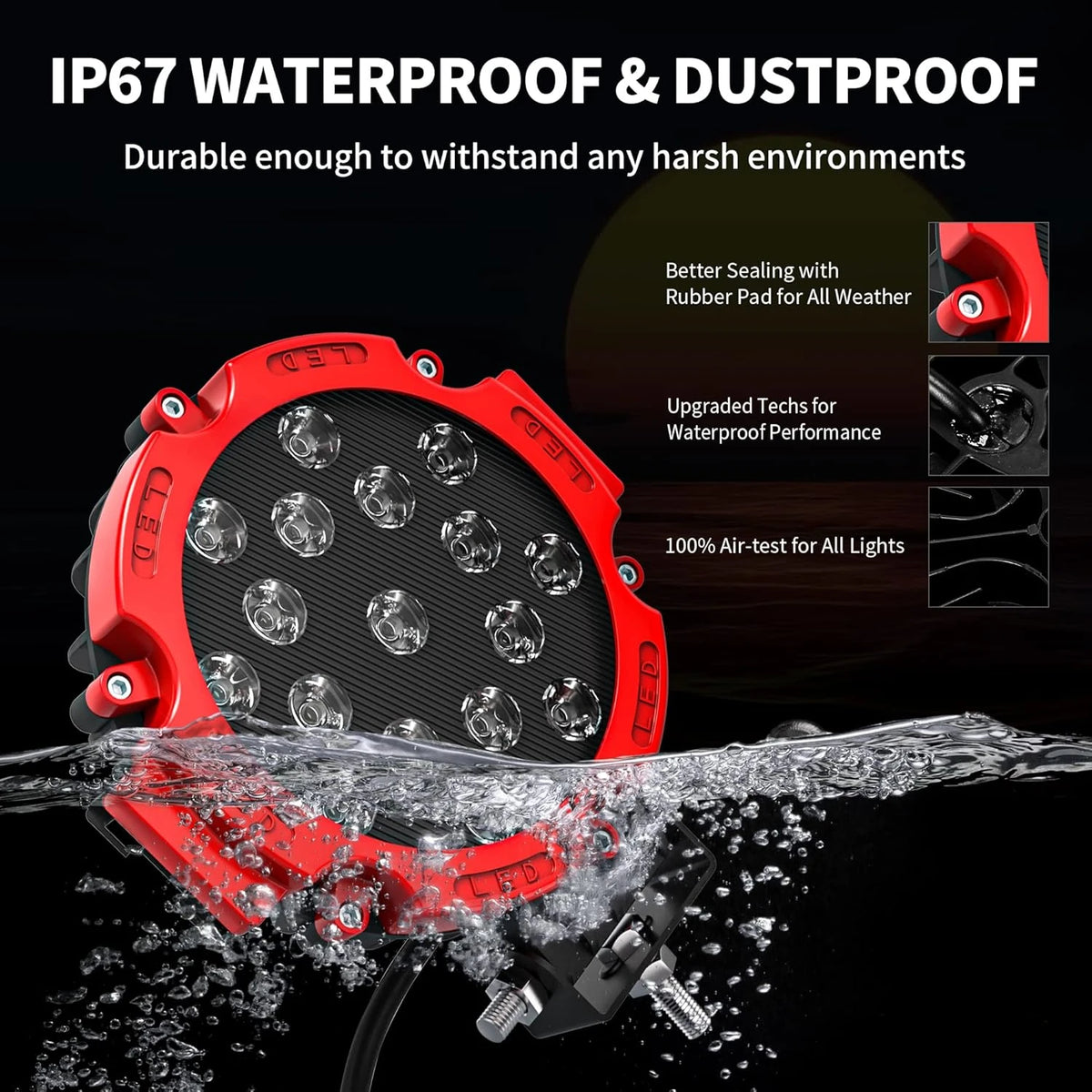 Red IP67 waterproof LED driving light sealed with rubber pad being tested in water.
