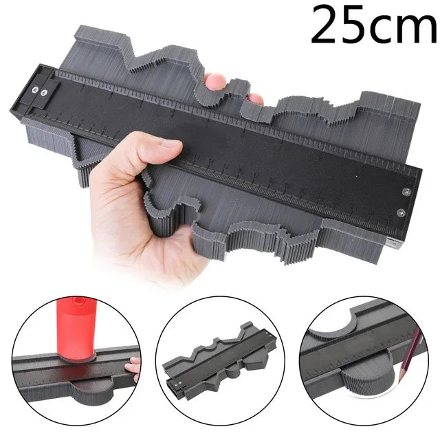 A black profile contour gauge with a 25cm scale, showing various profiles for woodworking and crafting.