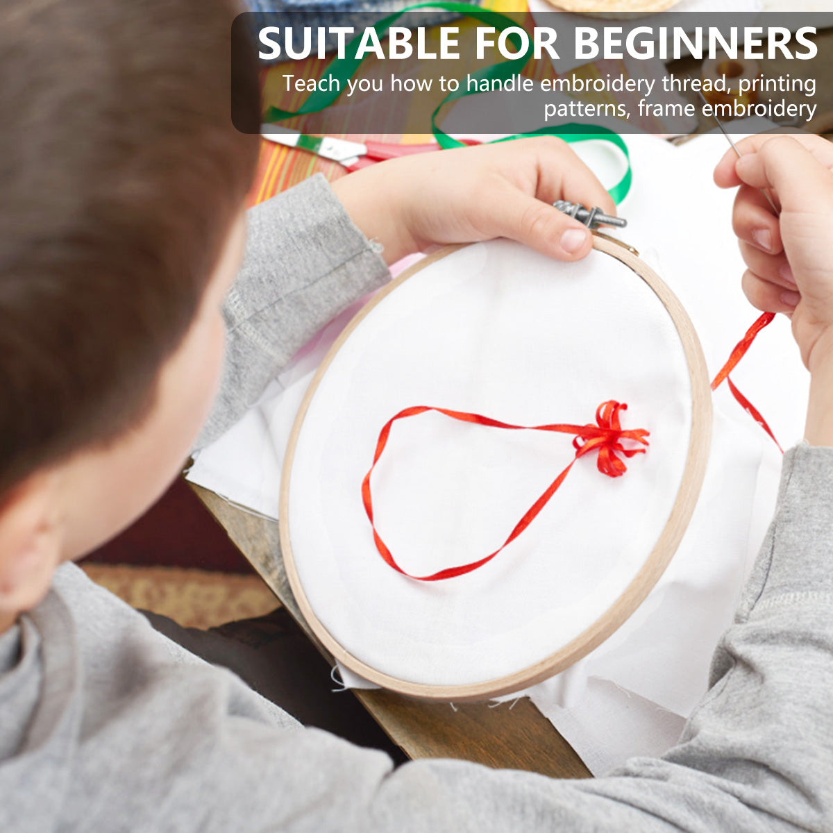 A person is shown handling embroidery thread on a white fabric with a wooden embroidery hoop.