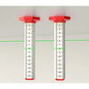 A vertical precision leveling tool with a red top and silver body, used for determining ceiling or wall height.