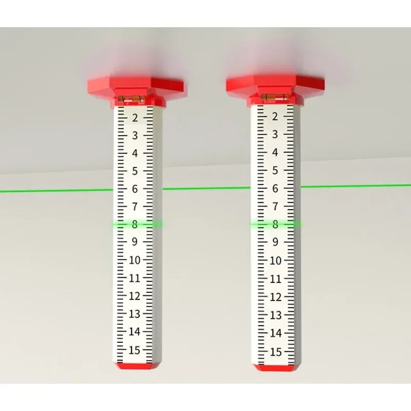 A vertical precision leveling tool with a red top and silver body, used for determining ceiling or wall height.