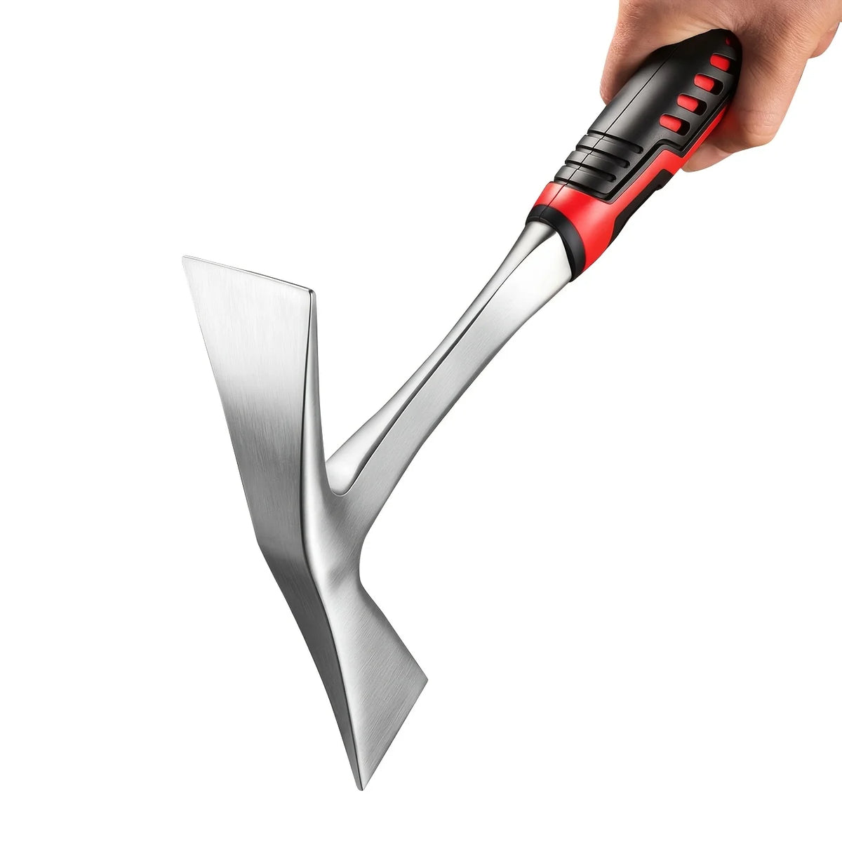 A hand holds a silver multifunctional pickaxe with a black and red grip, showing the digging head.