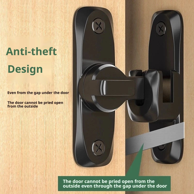 Close-up of a black anti-theft door latch mechanism installed on a wooden door, demonstrating its security features.